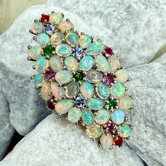 Premium Ethiopian Welo Opal & MultiGemstone 5.75 ctw Statement Ring Platinum/925 - Picture 3 of 17